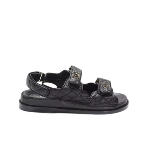 Chanel Cc Button Velcro Black Sandals Grained Calfskin Leather - Image 10