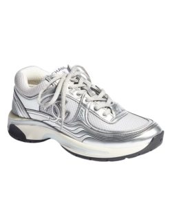 Chanel 23C Silver Metallic Cc Logo Lace Up Flat Runner Trainer Sneaker White G39792 Y56368 K5451