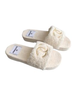 Chanel Logo Embroidered Shearling Cream Slides