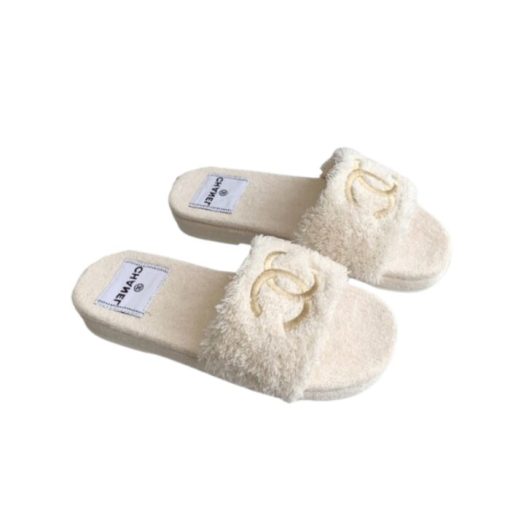 Chanel Logo Embroidered Shearling Cream Slides - Image 8