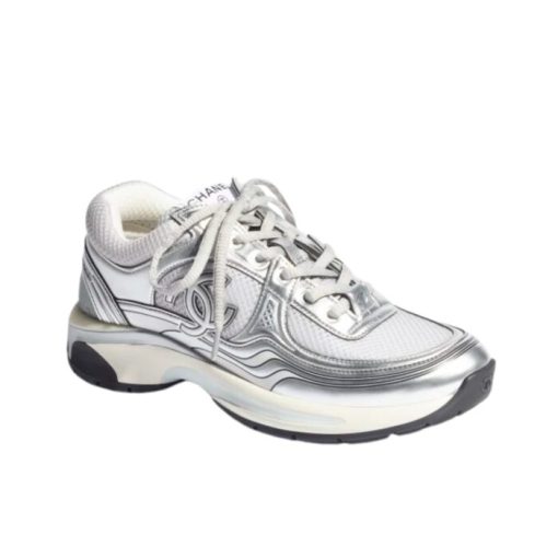 Chanel 23C Silver Metallic Cc Logo Lace Up Flat Runner Trainer Sneaker White G39792 Y56368 K5451 - Image 8