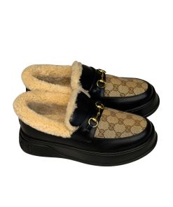 Gucci Fleece Collar Loafers Gg Beige And Black Leather