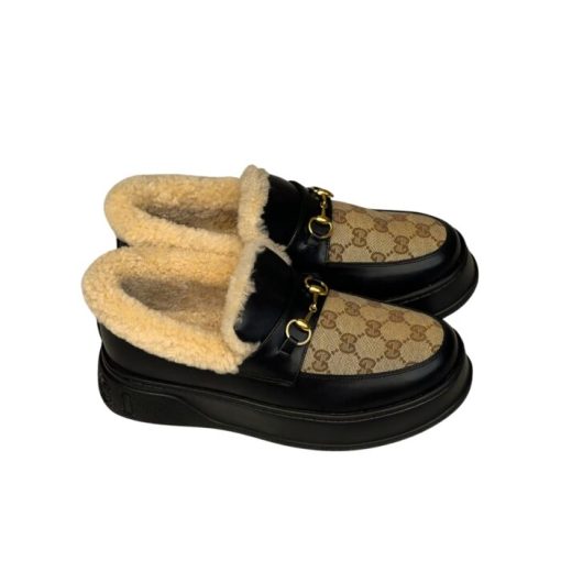 Gucci Fleece Collar Loafers Gg Beige And Black Leather - Image 9