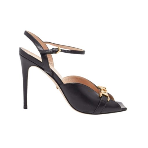 Gucci Metal Chain Stiletto Heels Flip Flop Fish Mouth Sandals Black - Image 8