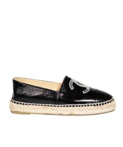 Chanel Embroidered Espadrille Leather Cap Toe Flats Black Cc