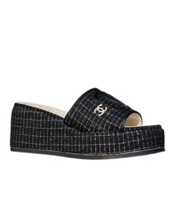 Chanel Tweed Cc Platform Slide Sandals Black