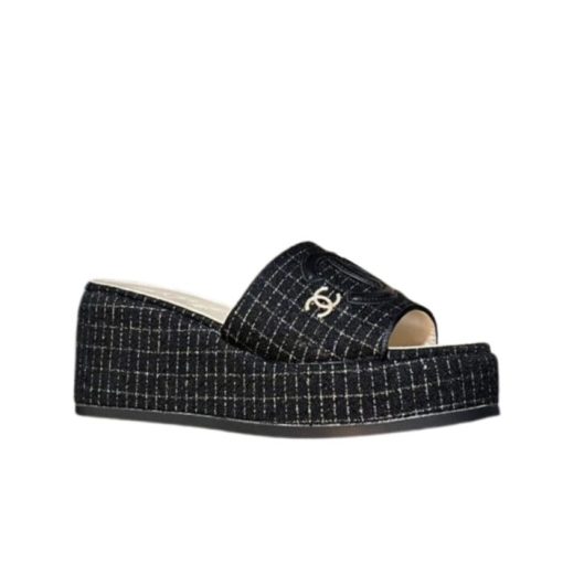 Chanel Tweed Cc Platform Slide Sandals Black - Image 8