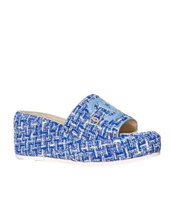 Chanel Tweed Cc Platform Slide Sandals Blue