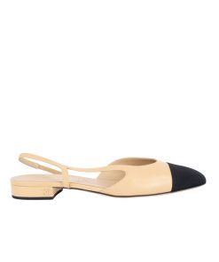 Chanel Lambskin Grosgrain Cap Toe Cc Slingback Flats Beige