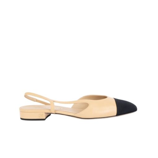 Chanel Lambskin Grosgrain Cap Toe Cc Slingback Flats Beige - Image 5