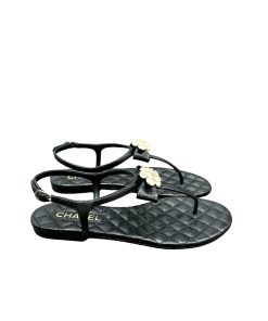 Chanel Black Quilted Leather With White Camellia Cc Logo Sandals G45258 X01000 94305