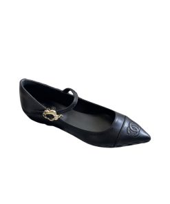 Chanel Pointed Toe Doll Shoes With Gold Flower In Black