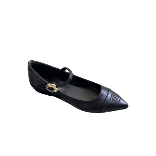 Chanel Pointed Toe Doll Shoes With Gold Flower In Black - Image 8