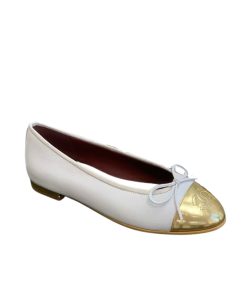 Chanel Leather Cap Toe Ballet Flats White Gold