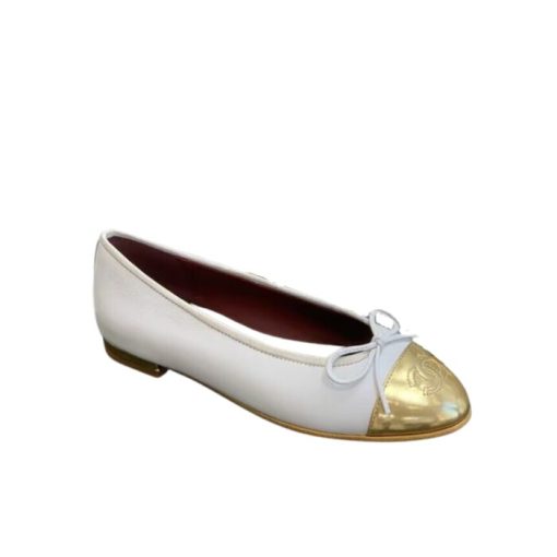 Chanel Leather Cap Toe Ballet Flats White Gold - Image 10