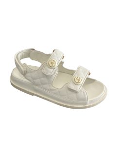 Chanel Cc Button Velcro White Sandals Grained Calfskin Leather