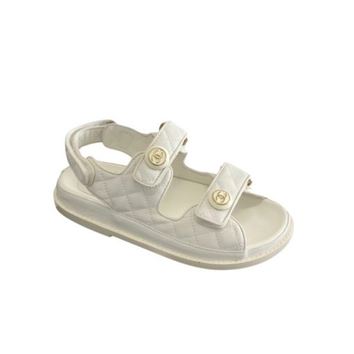 Chanel Cc Button Velcro White Sandals Grained Calfskin Leather - Image 10