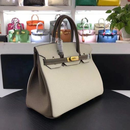 HERMES BIRKIN 25 TOGO BRUSHED LEATHER GOLD HARDWARE BEIGE GREY 30CM - Image 3
