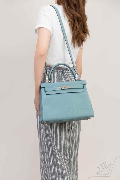 Hermès Kelly 28 Togo Palladium Hardware in Blue Jean - Image 5