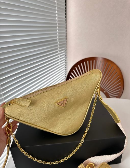 Prada Triangle Saffiano Leather Shoulder Bag Gold 28cm - Image 9