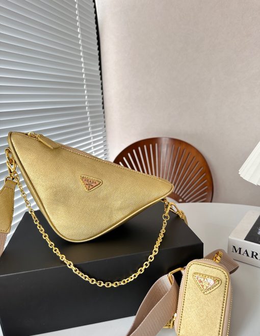 Prada Triangle Saffiano Leather Shoulder Bag Gold 28cm - Image 10