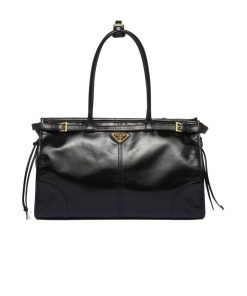 Prada Nylon Tote With Embroidered Logo Black 32Cm
