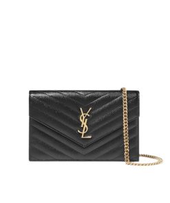 Saint Laurent Cassandre Matelasse Chain Wallet In Grain De Poudre Embossed Black Gold 22Cm 377828Bow011000
