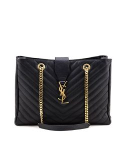 Saint Laurent Black Grain De Poudre Matelasse Chevron Monogram Shopping Bag Gold Hardware
