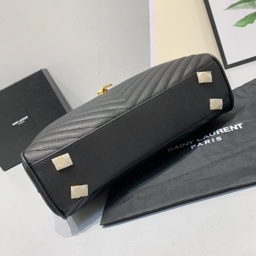 Saint Laurent Black Grain De Poudre Matelasse Chevron Monogram Shopping Bag Gold Hardware - Image 4