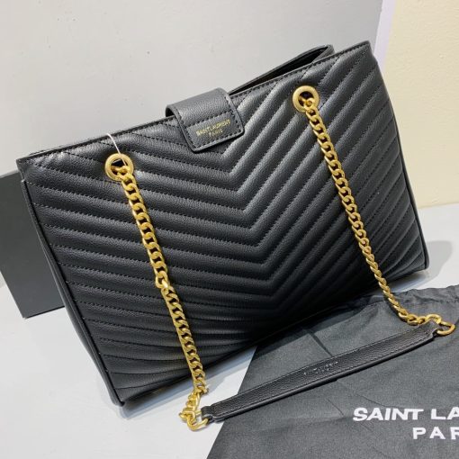 Saint Laurent Black Grain De Poudre Matelasse Chevron Monogram Shopping Bag Gold Hardware - Image 5