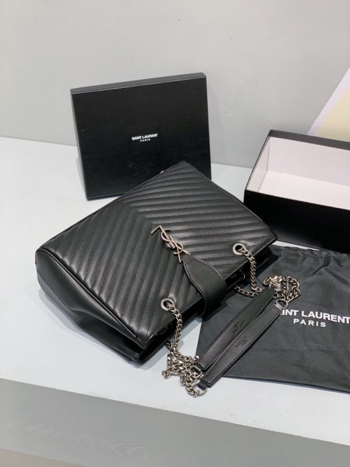 Saint Laurent Black Grain De Poudre Matelasse Chevron Monogram Shopping Bag Silver Hardware - Image 6