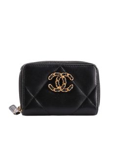 Chanel 19 Card Holder With Zipper Leather Black Wallet