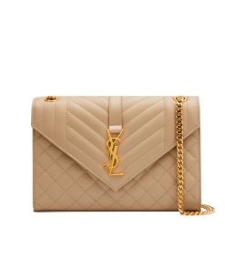 Saint Laurent Envelope Matelasse Grain De Poudre Dark Beige 24Cm