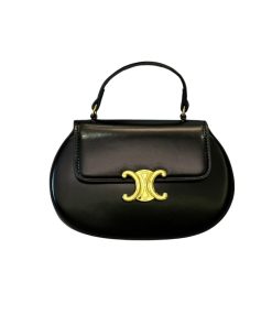 Celine Besace Clea Square Flap Bag In Shiny Calfskin Black 20Cm