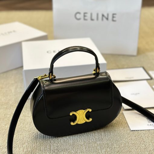 Celine Besace Clea Square Flap Bag In Shiny Calfskin Black 20Cm - Image 3