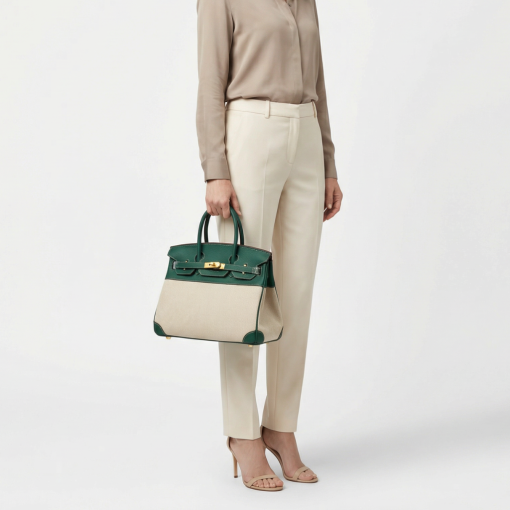 Hermès Birkin 30 Vert Vertigo Swift Ecru Black Toile Verso Quadrille Birkin Gold Hardware - Image 5