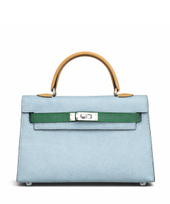 Hermes Kelly Mini 20 Bleu Brume, Vert Jade and Gold Epsom Palladium Hardware