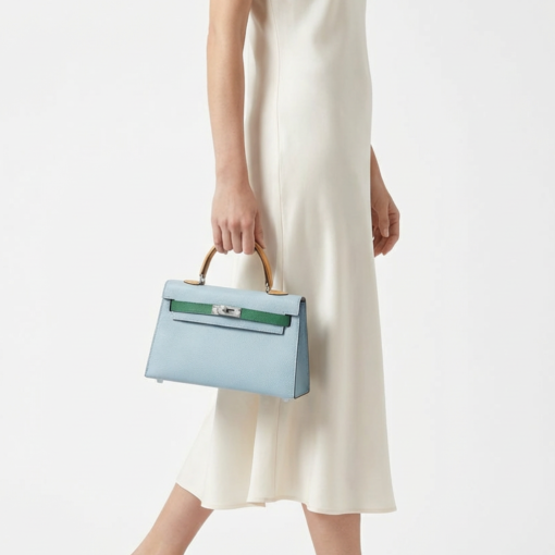 Hermes Kelly Mini 20 Bleu Brume, Vert Jade and Gold Epsom Palladium Hardware - Image 4