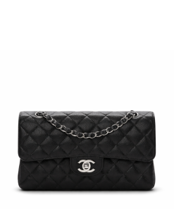 Black Quilted Caviar Small Double Flap Silver Hardware