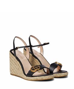 Gucci Leather Wedge Espadrille Sandals Black 8Cm