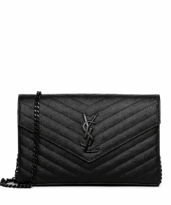 Saint Laurent Cassandre Matelasse Chain Wallet In Grain De Poudre Embossed Black Noir 22Cm 377828Bow081000