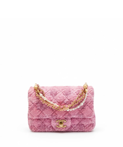 Chanel Smal Square Tweed Pearl Twist Flap Pink Bag 17Cm