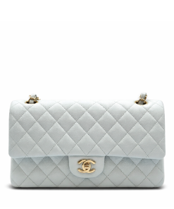 Medium Classic Double Flap Bag Blue Quilted Caviar Light Gold Hardware