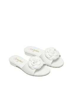 Chanel Camellia Slides White