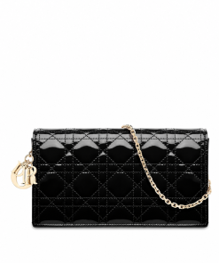 Dior Lady Dior Clutch With Chain In Black Patent
