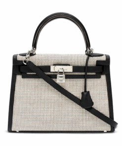 Hermès Kelly 25 Quadrille Canvas And Noir Swift Palladium Hardware