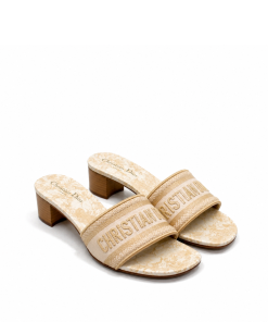 Dior Dway Heeled Slide Cotton Embroidered Gold-Tone