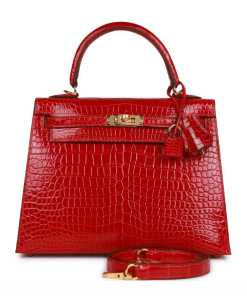 Hermes Kelly Sellier 25 Braise Shiny Porosus Crocodile Gold Hardware