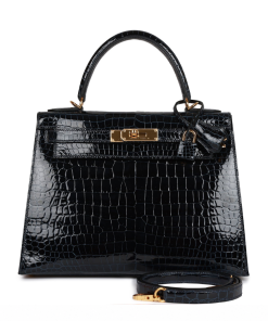 Hermes Kelly Sellier 28 Bleu Baltique Shiny Porosus Crocodile Gold Hardware
