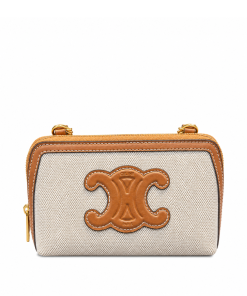 Celine Clutch On Chain Cuir Triomphe In Textile And Calfskin Natural Tan 17Cm